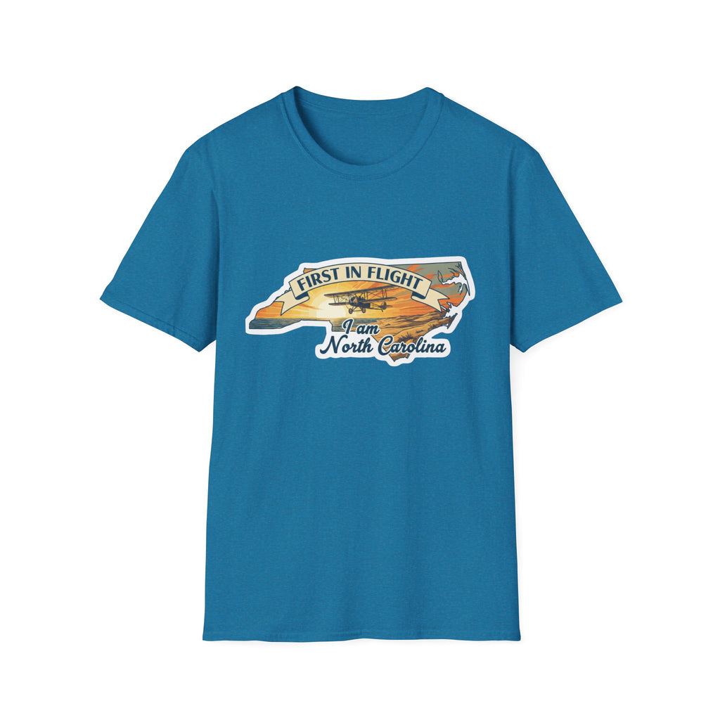 North Carolina T-shirt in teal blue, “First in Flight” plane & state outline graphic