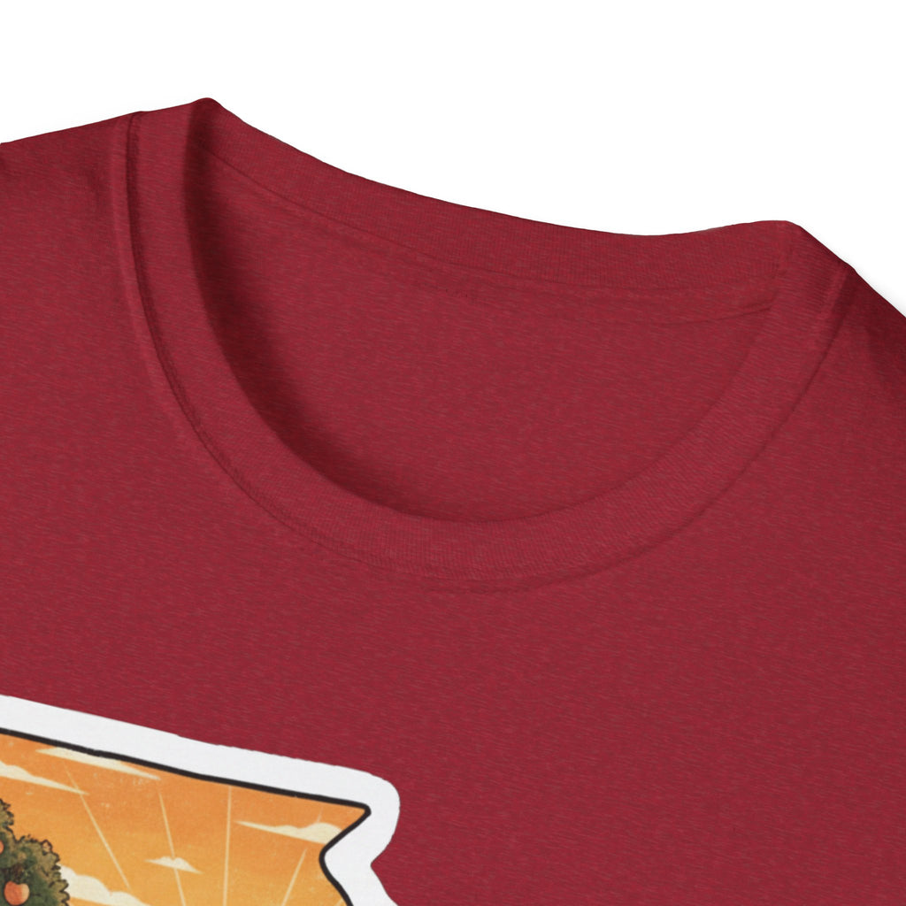 I Am Georgia T-shirt, heather red, close-up of crew neck and fabric