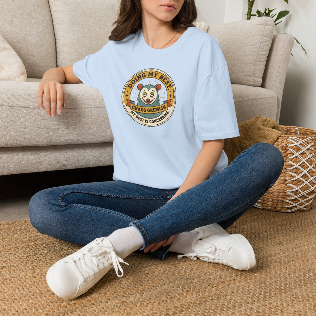 Light blue crewneck graphic t-shirt with circular chaos gremlin chest print