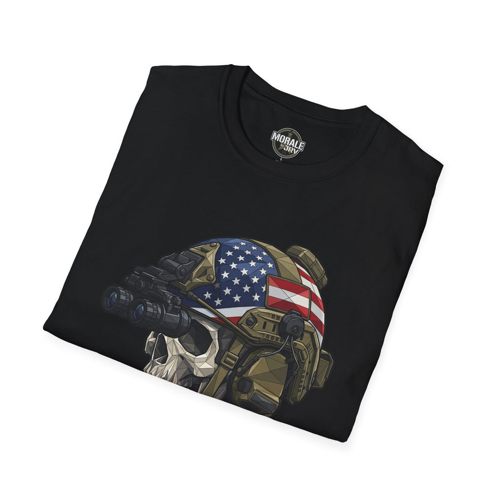 Black T-shirt with skull helmet graphic, US flag face and rifle