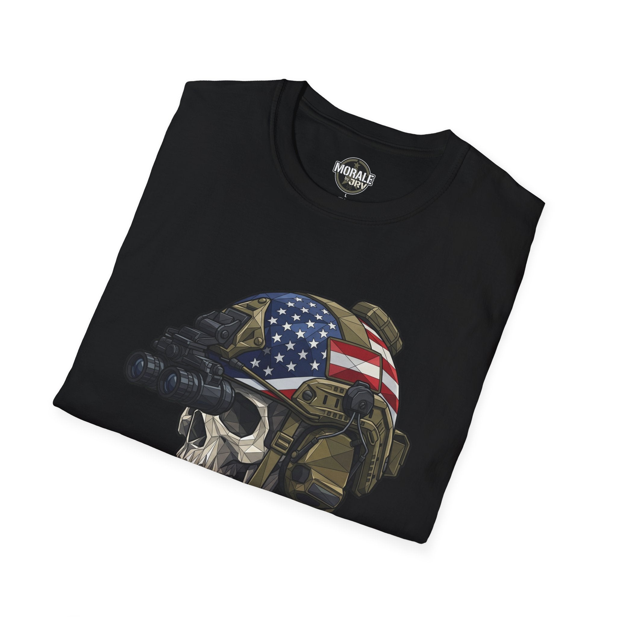 Black T-shirt with skull helmet graphic, US flag face and rifle
