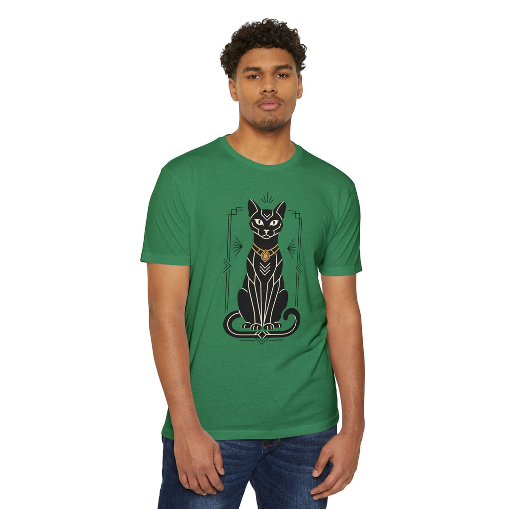 Green cat illustration graphic T-shirt with Art Deco-style Egyptian cat design at center front