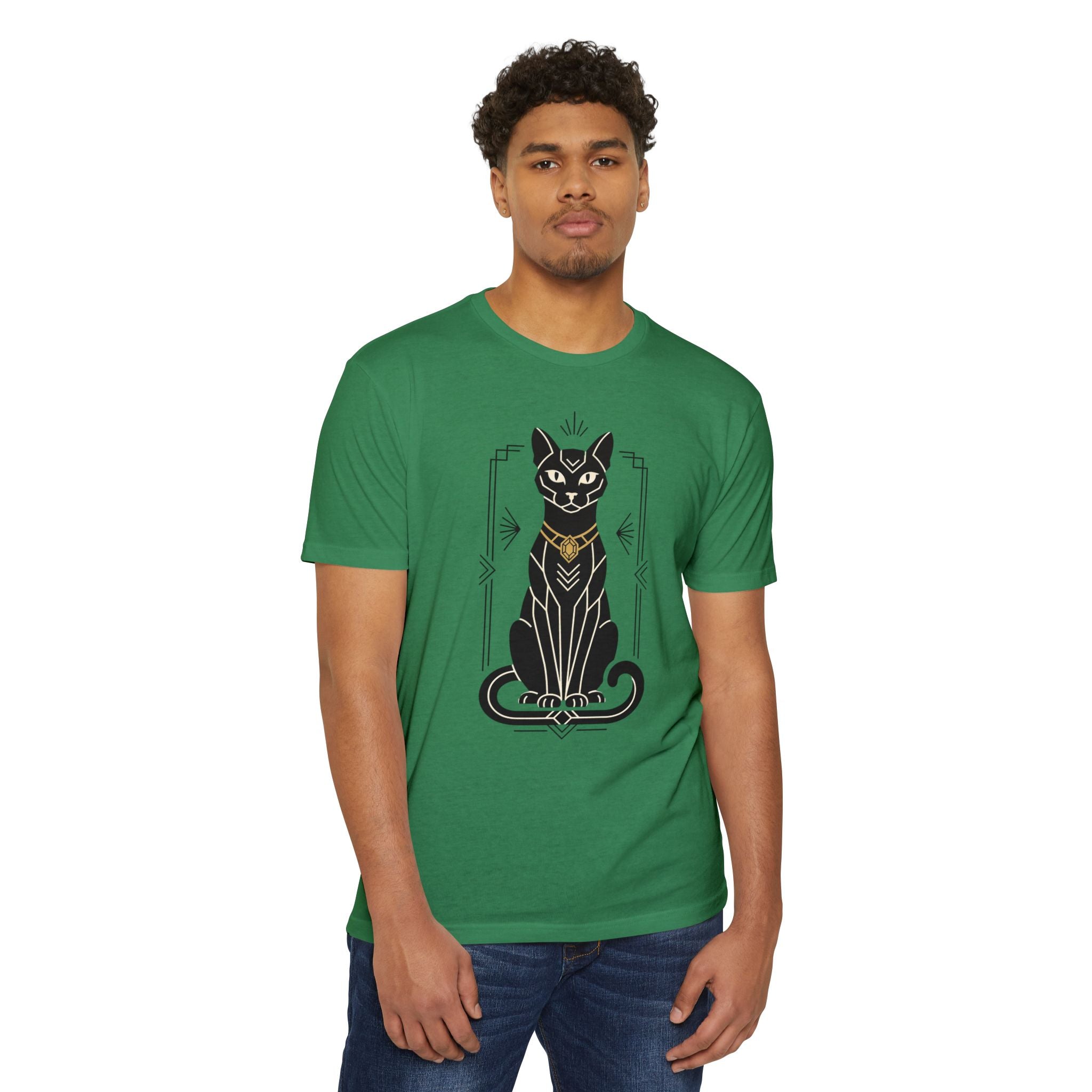 Green cat illustration graphic T-shirt with Art Deco-style Egyptian cat design at center front