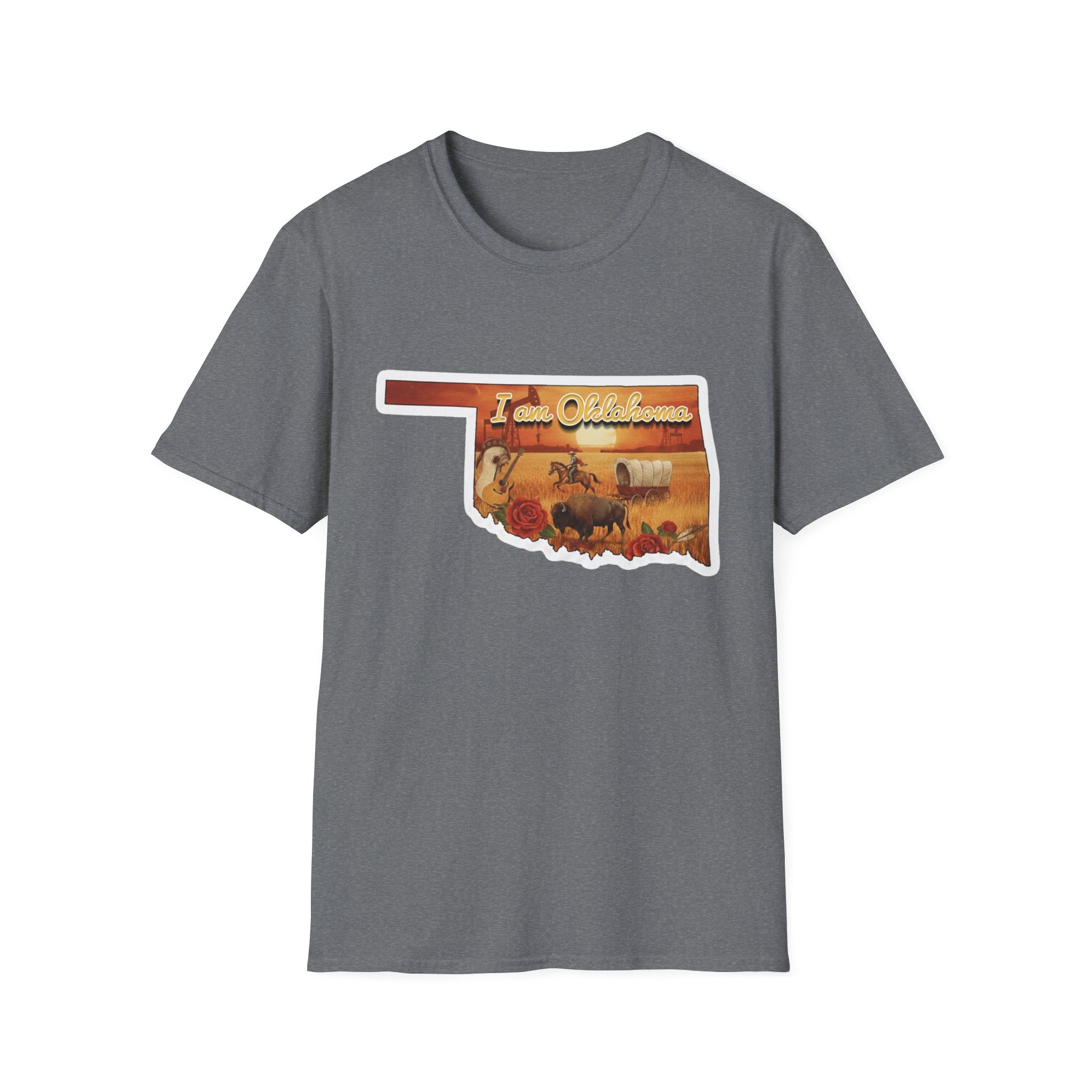 Dark grey heather T-shirt with Oklahoma silhouette and cowboy scene graphic