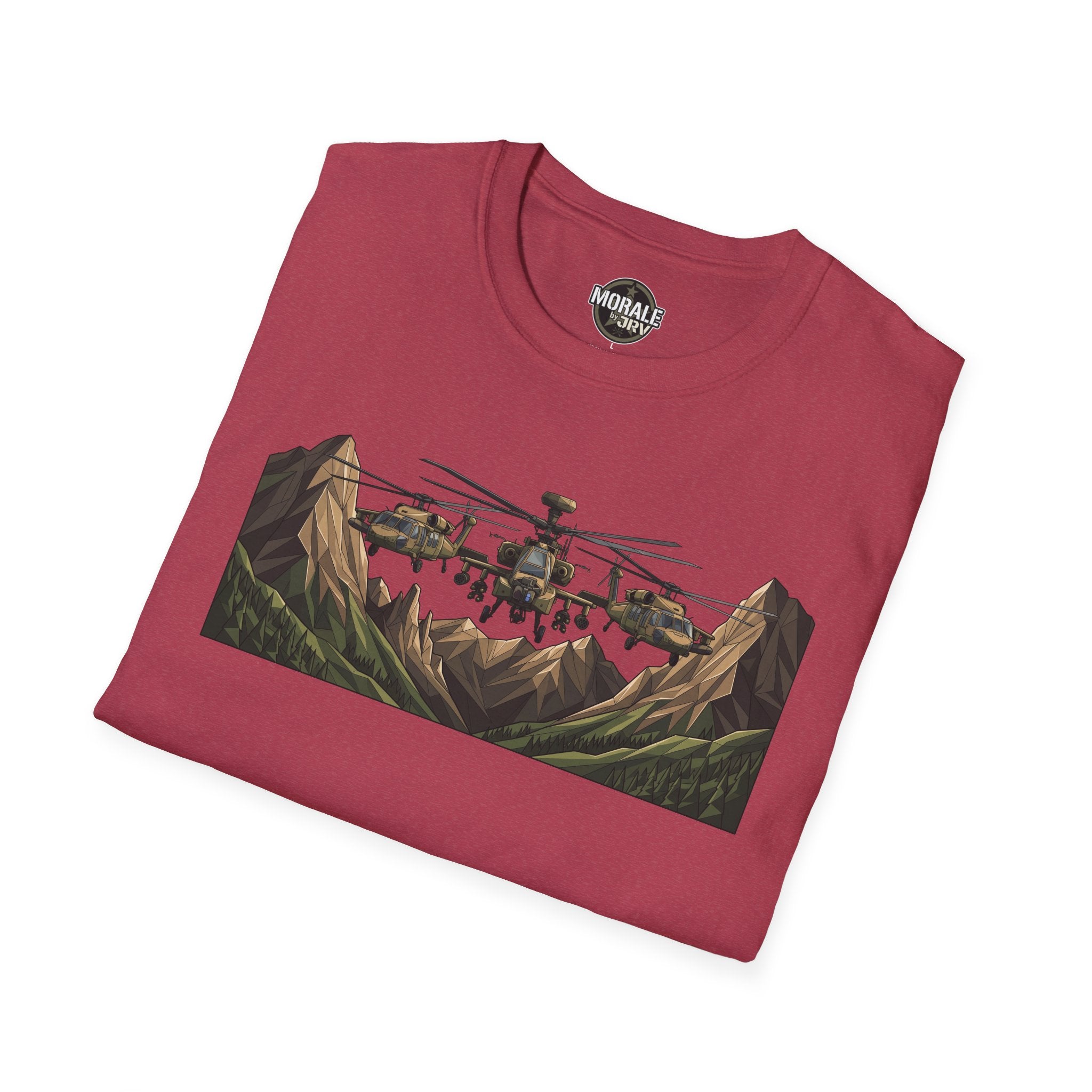 Maroon Military-Helicopter Landscape T-Shirt mit großem Frontdruck
