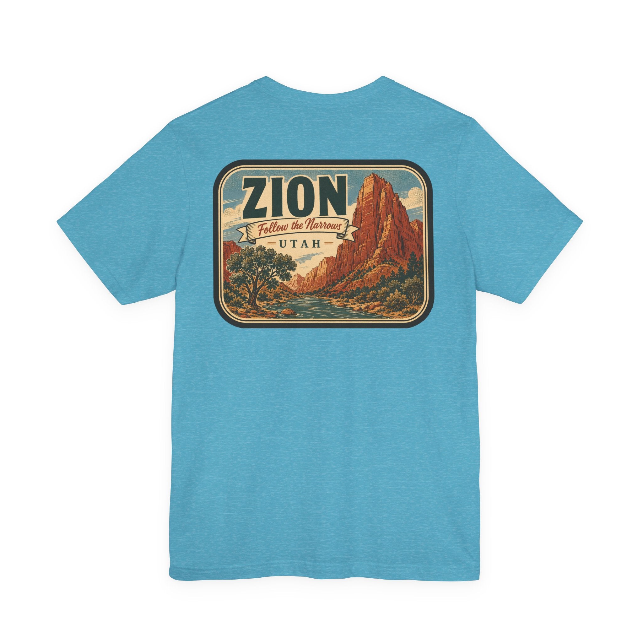 Heather aqua t-shirt with large back graphic: “ZION” Utah landscape in a badge.