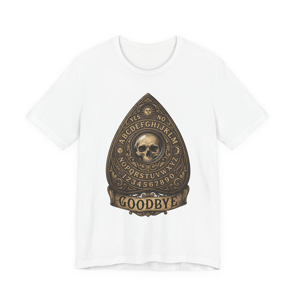 Ouija planchette skull T-shirt, white fabric, gold “GOODBYE” graphic centered