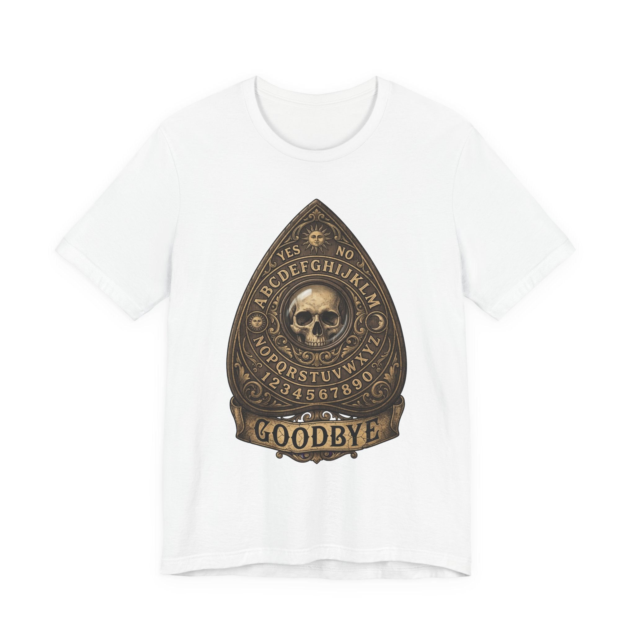 Ouija planchette skull T-shirt, white fabric, gold “GOODBYE” graphic centered