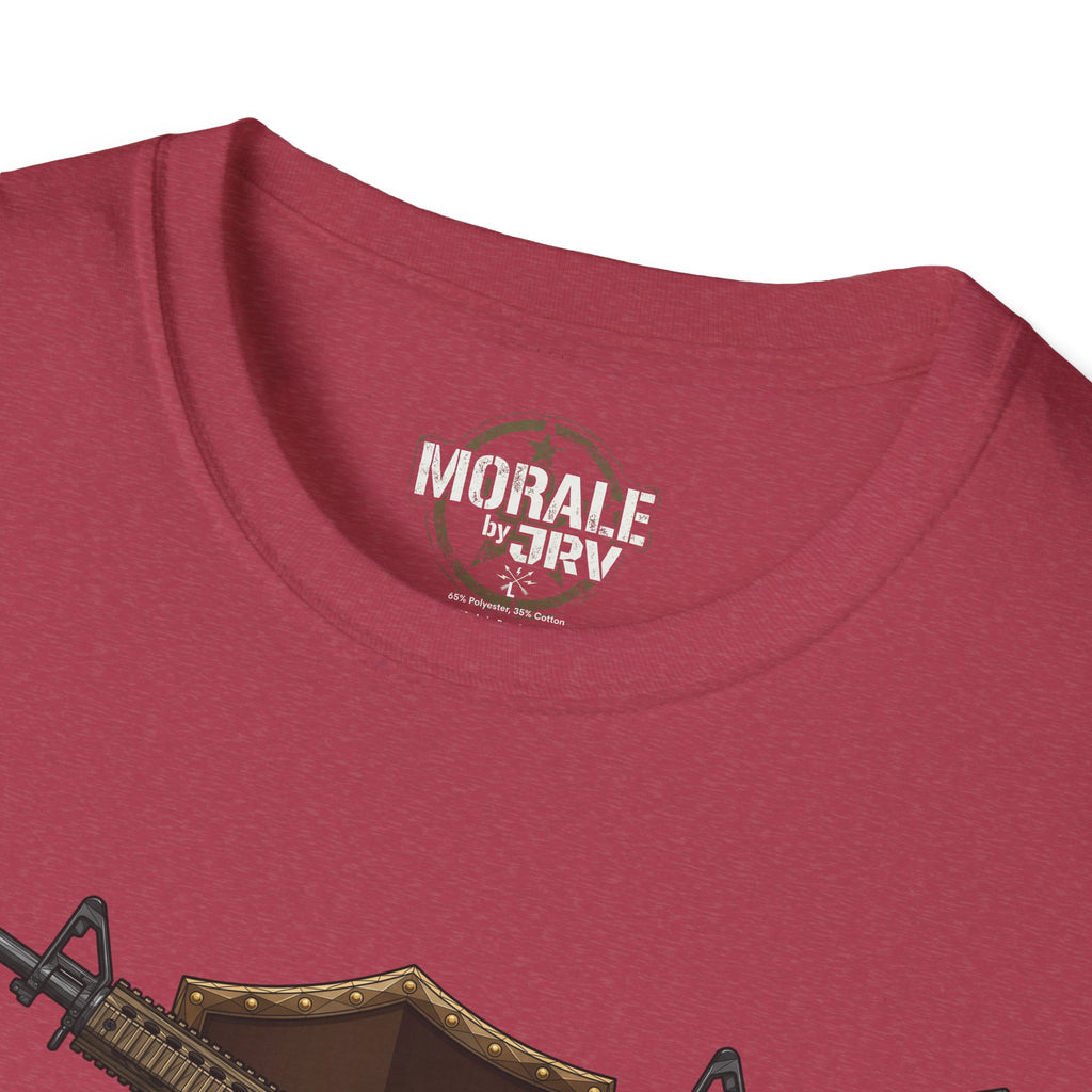 Maroon t-shirt with “MORALE by TRV” neck logo and partial crossed rifle emblem