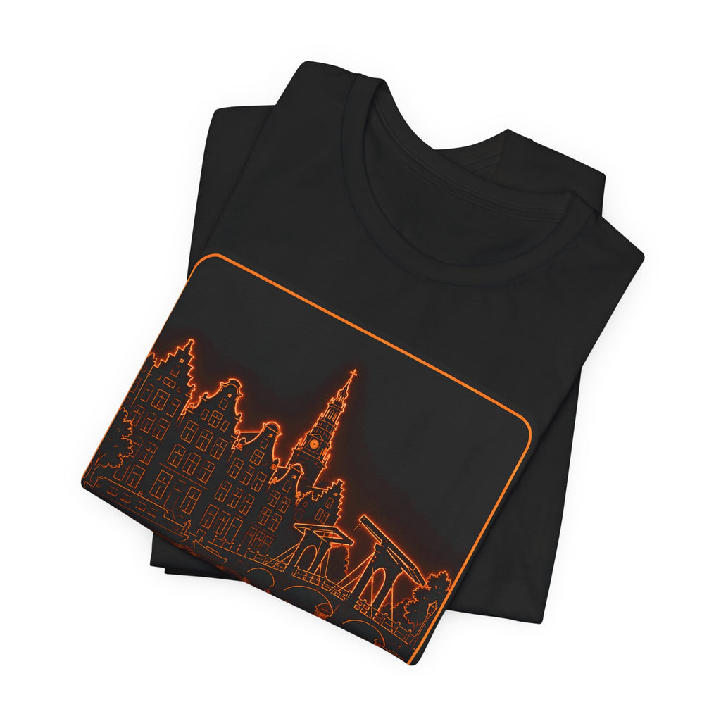 Folded black crewneck T-shirt with orange neon Amsterdam skyline graphic detail