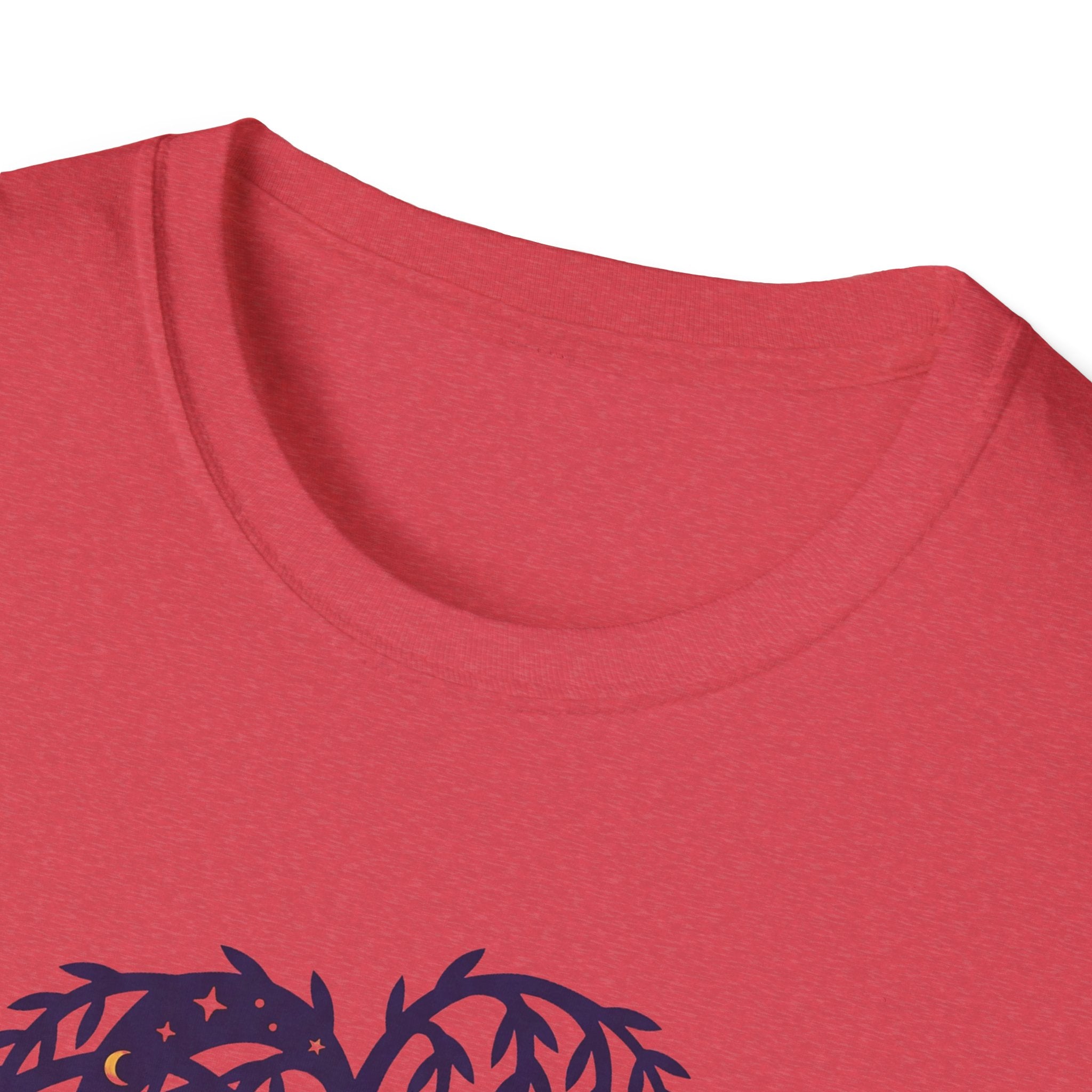 Red crew-neck T-shirt close-up of neckline and shoulder seam
