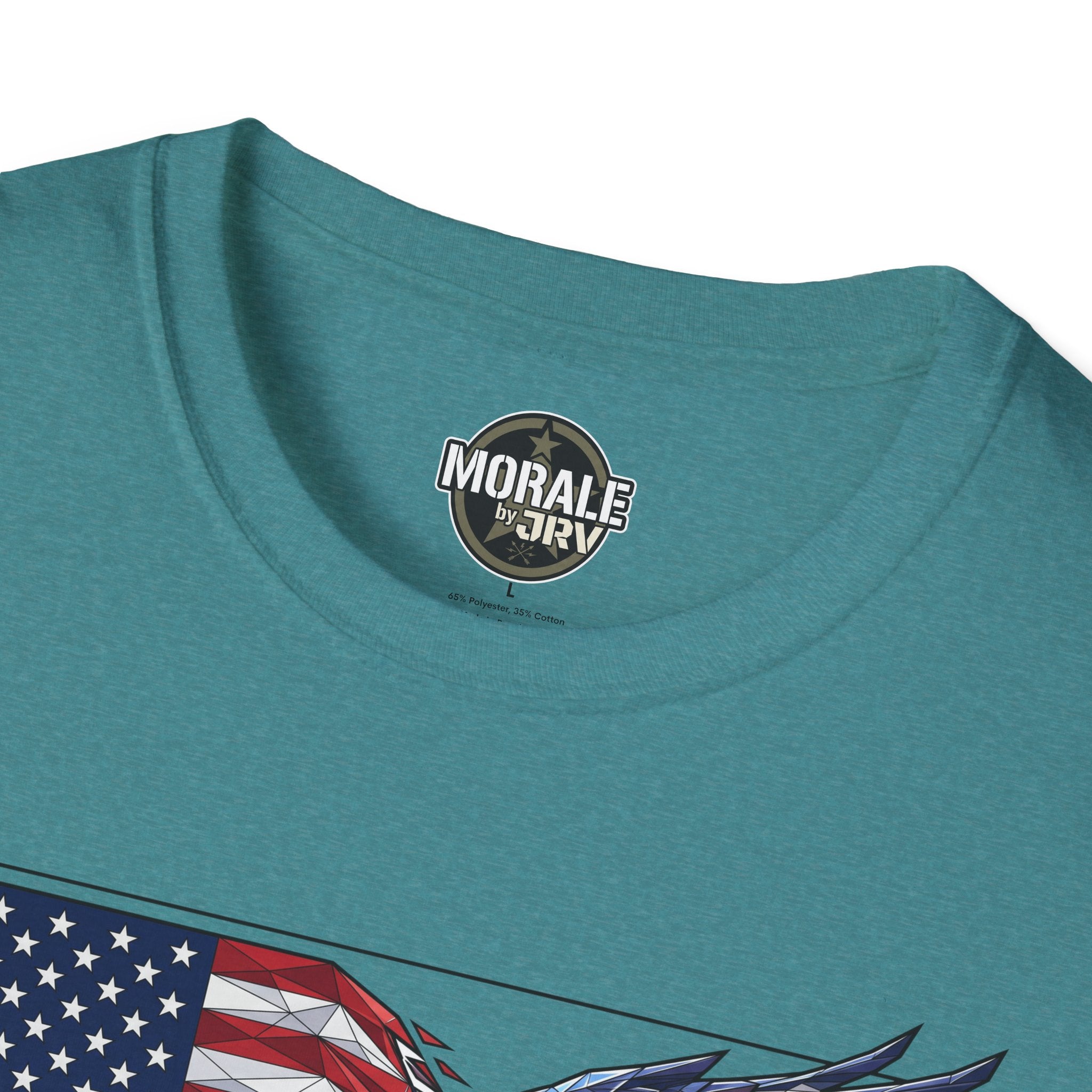 Teal T-shirt neckline with small chest logo; partial patriotic graphic along bottom