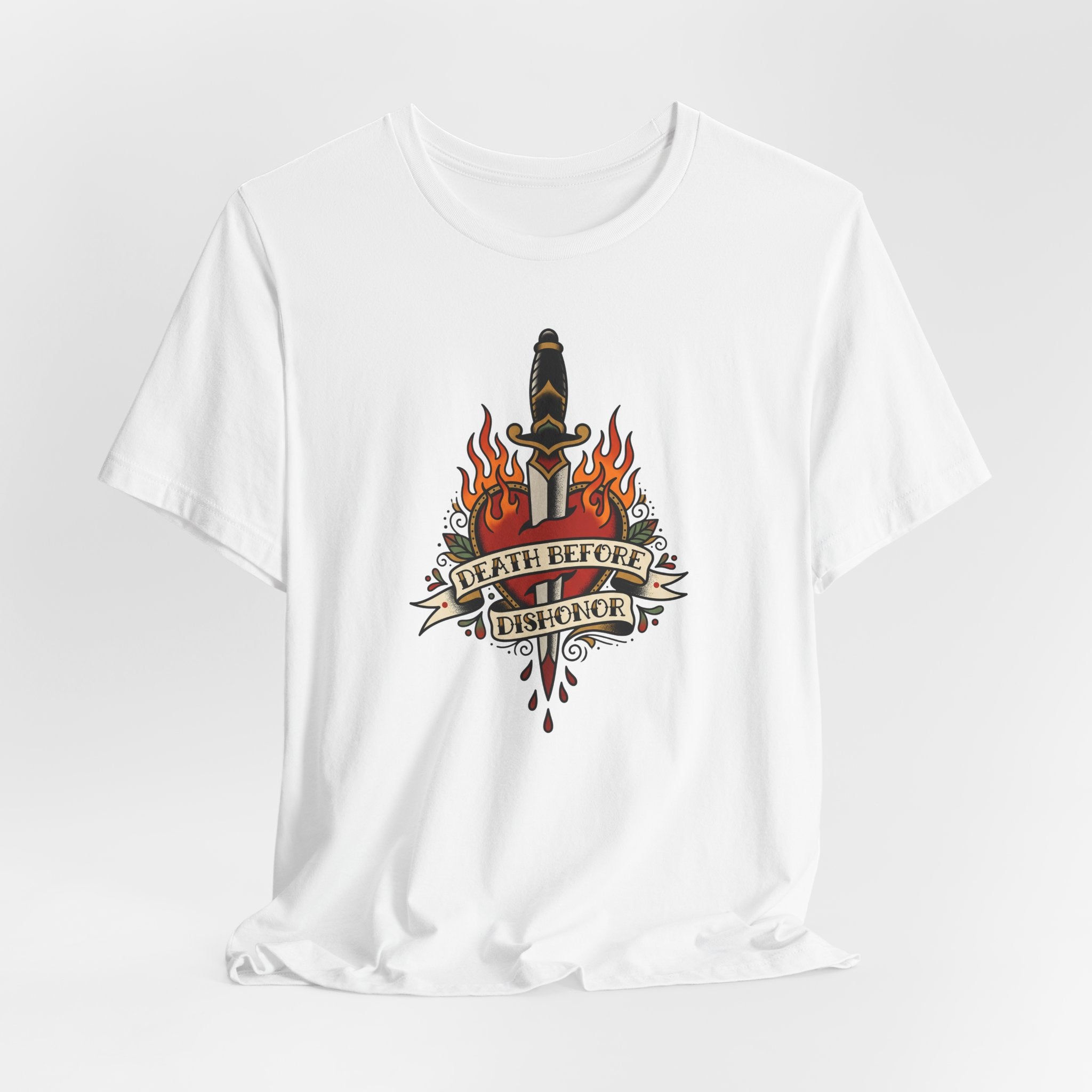 White T-shirt with flaming dagger and banner graphic at center front