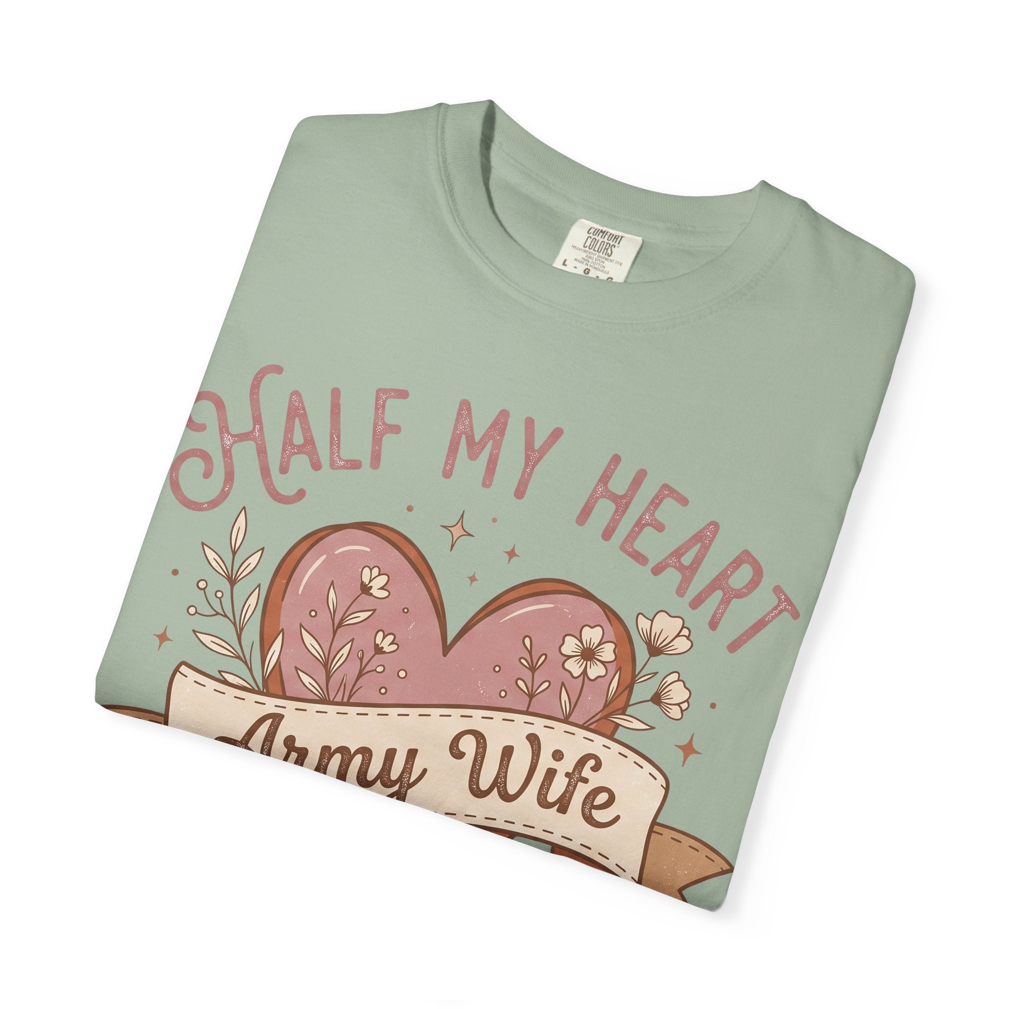 Sage green T-shirt with half-heart graphic and 'Army Wife' ribbon text, crew neck