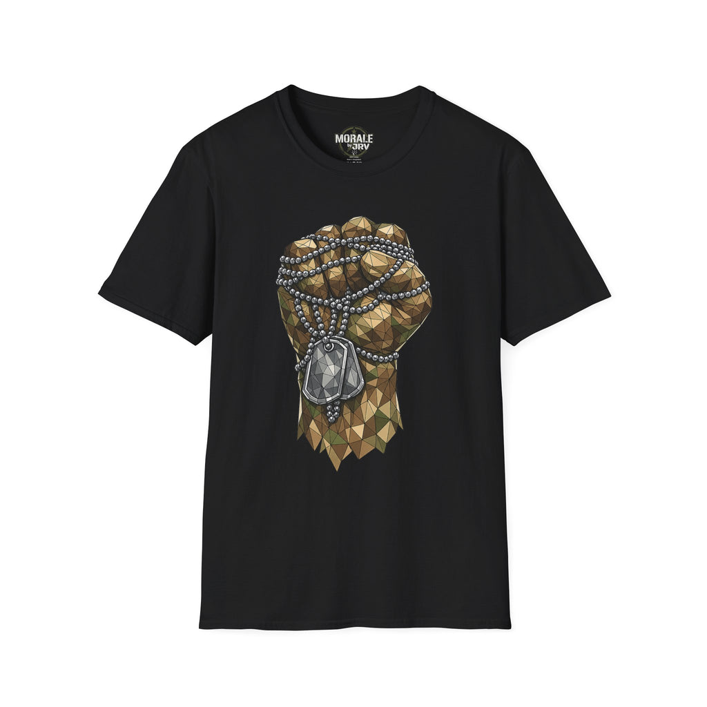 Black T-shirt with polygon graphic of fist and dog-tag necklace, bead chain design.