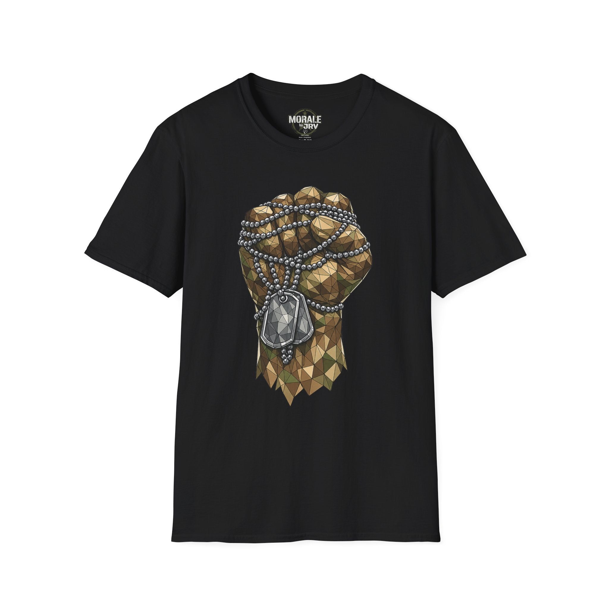 Black T-shirt with polygon graphic of fist and dog-tag necklace, bead chain design.
