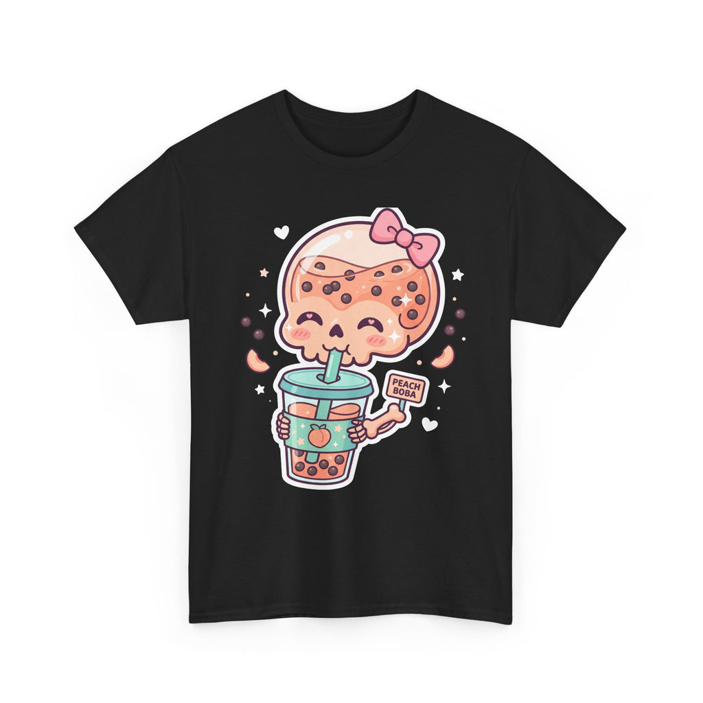 Black T-shirt with kawaii bubble tea skull graphic and peach boba label