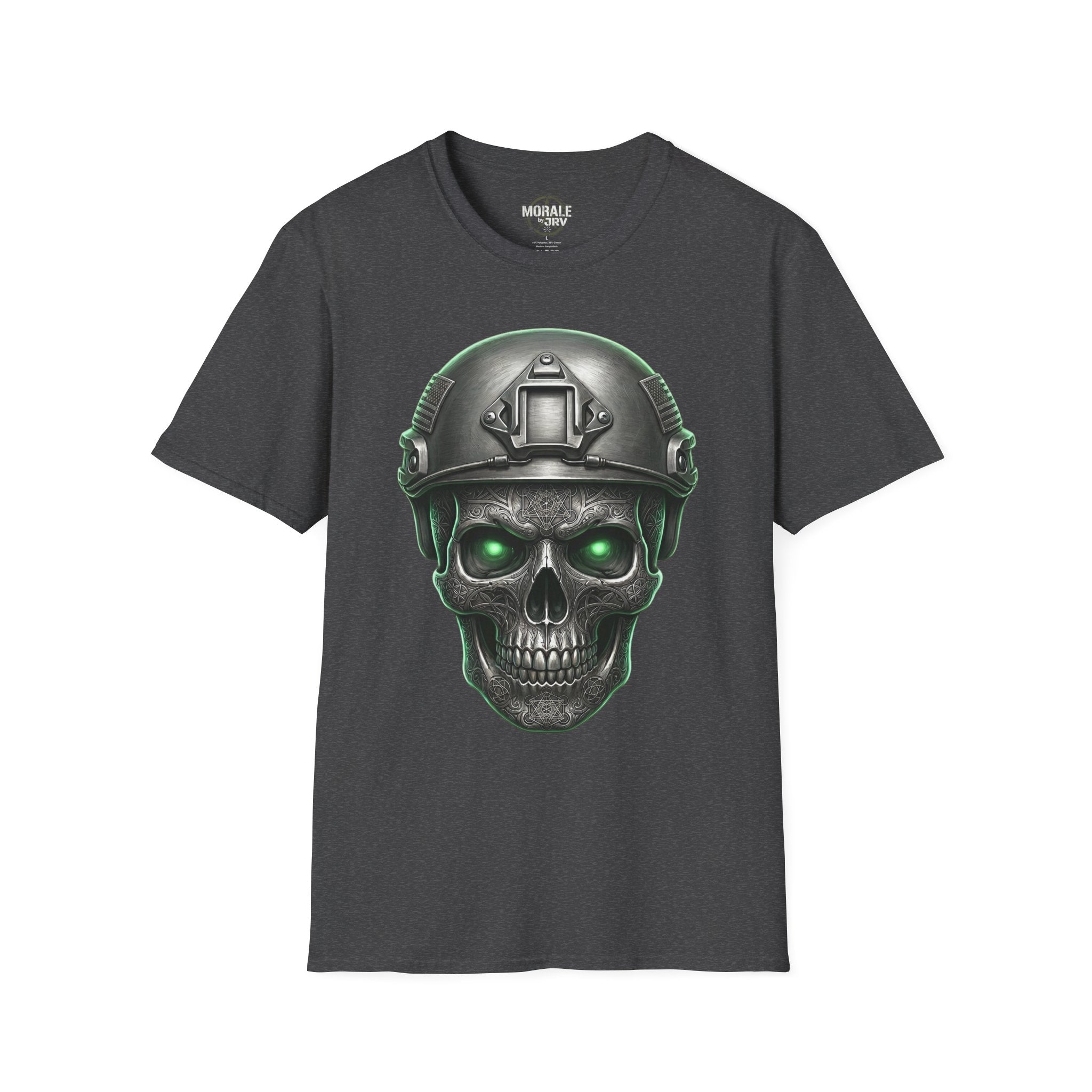 Tactical skull T-shirt con casco y ojos verdes, camiseta dark heather