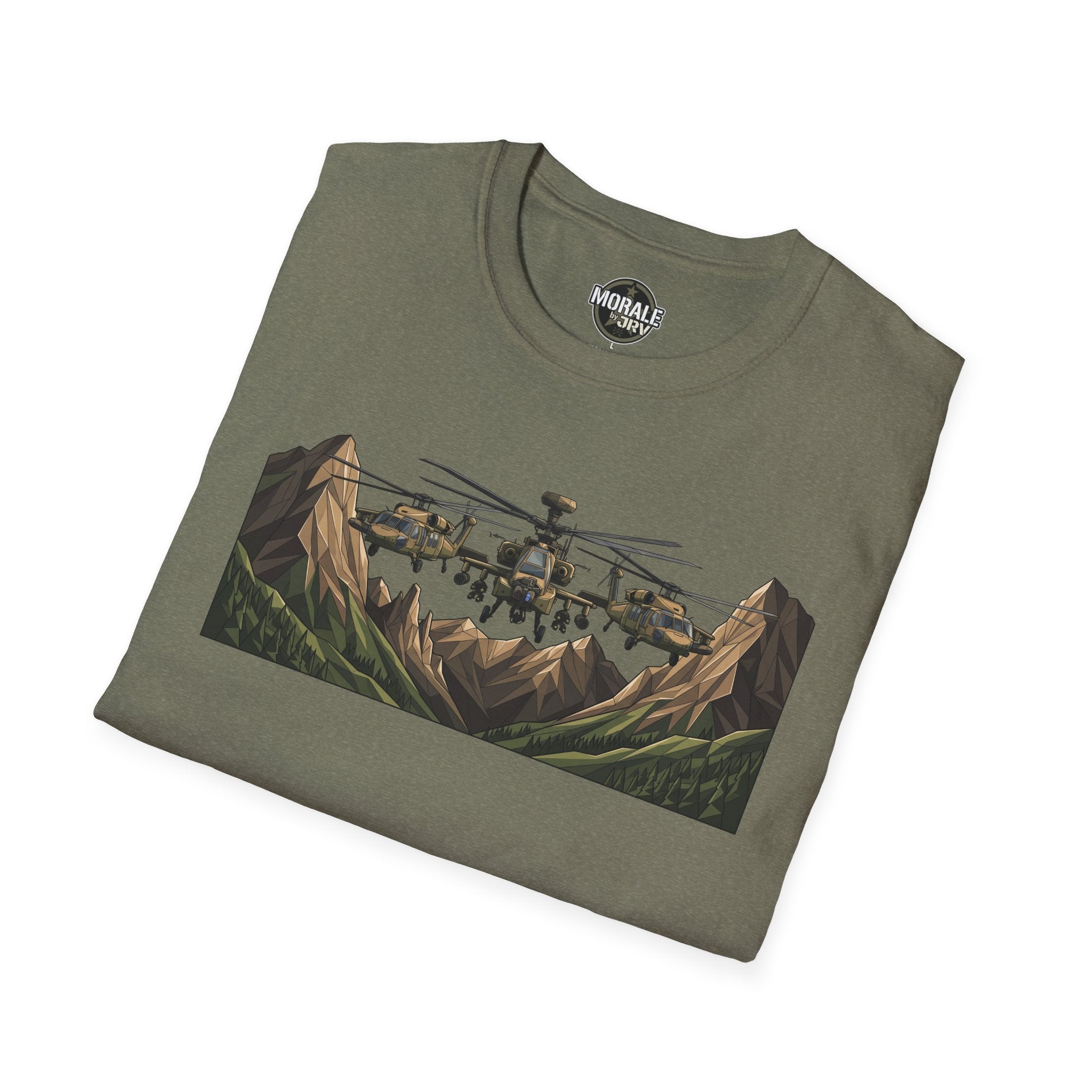 Military helicopter T-shirt in dark heather, graphic mountain and aircraft front print