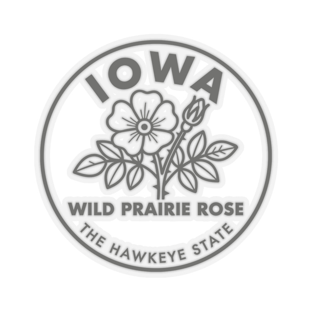 Transparent circular vinyl decal with wild prairie rose line art and Iowa wording