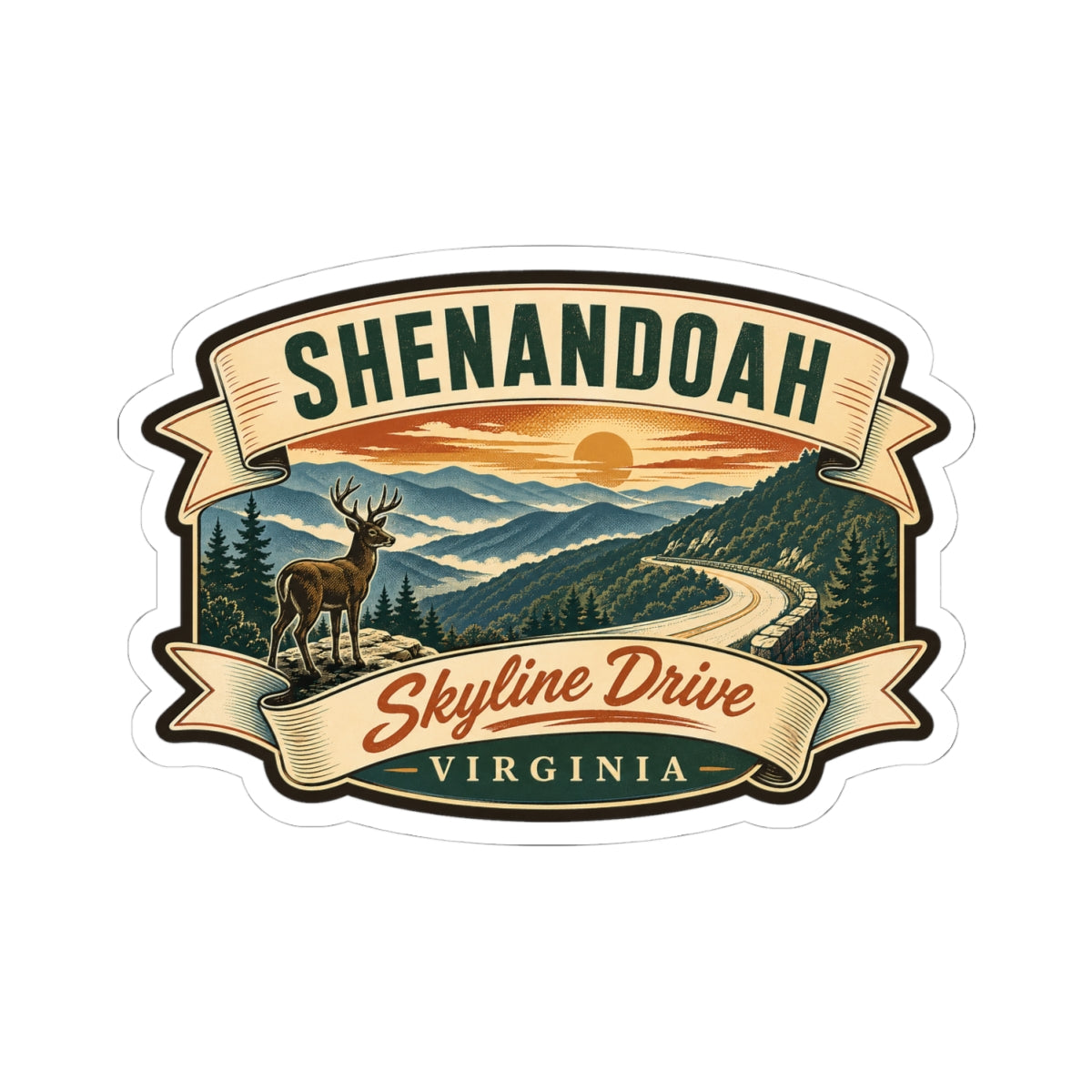 Shenandoah National Park travel sticker showing deer, winding road, Skyline Drive, Virginia