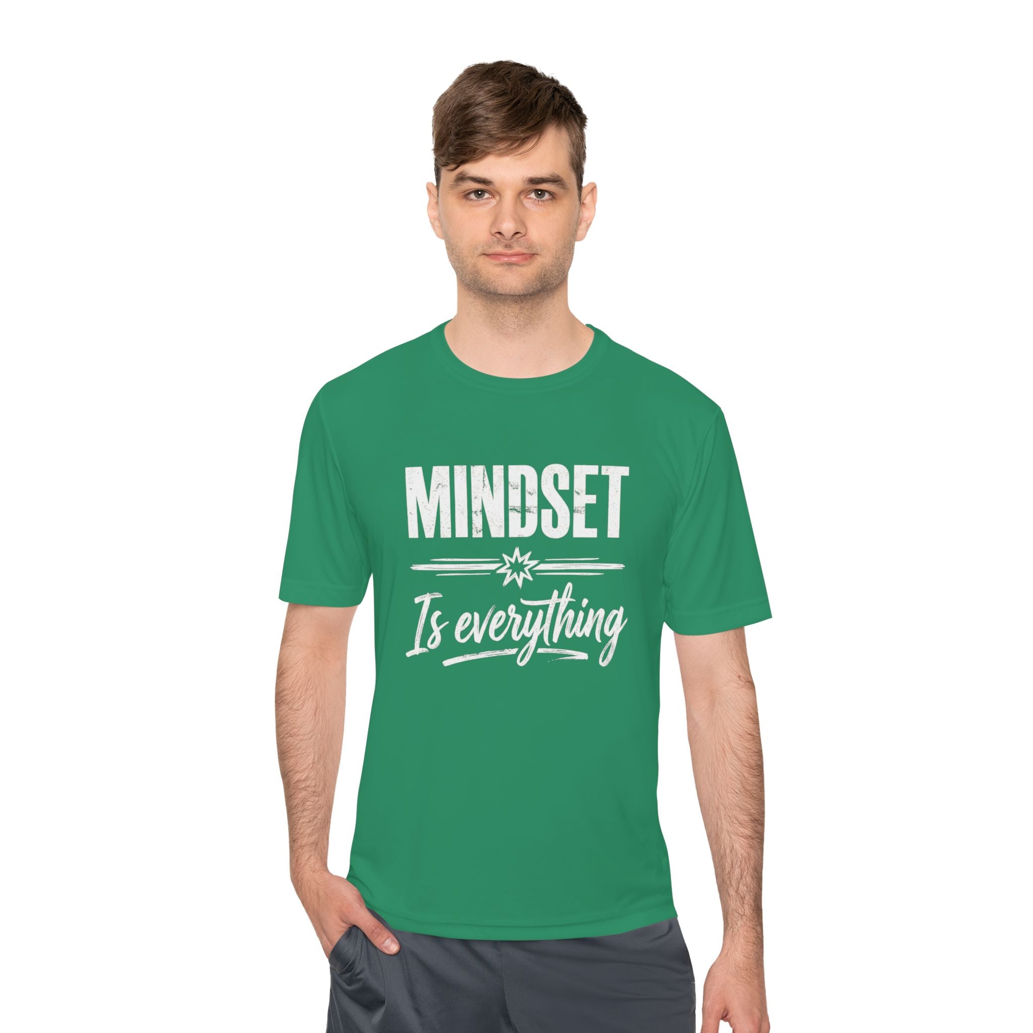 Kelly green T-shirt with “MINDSET” and “Is everything” typography print on front