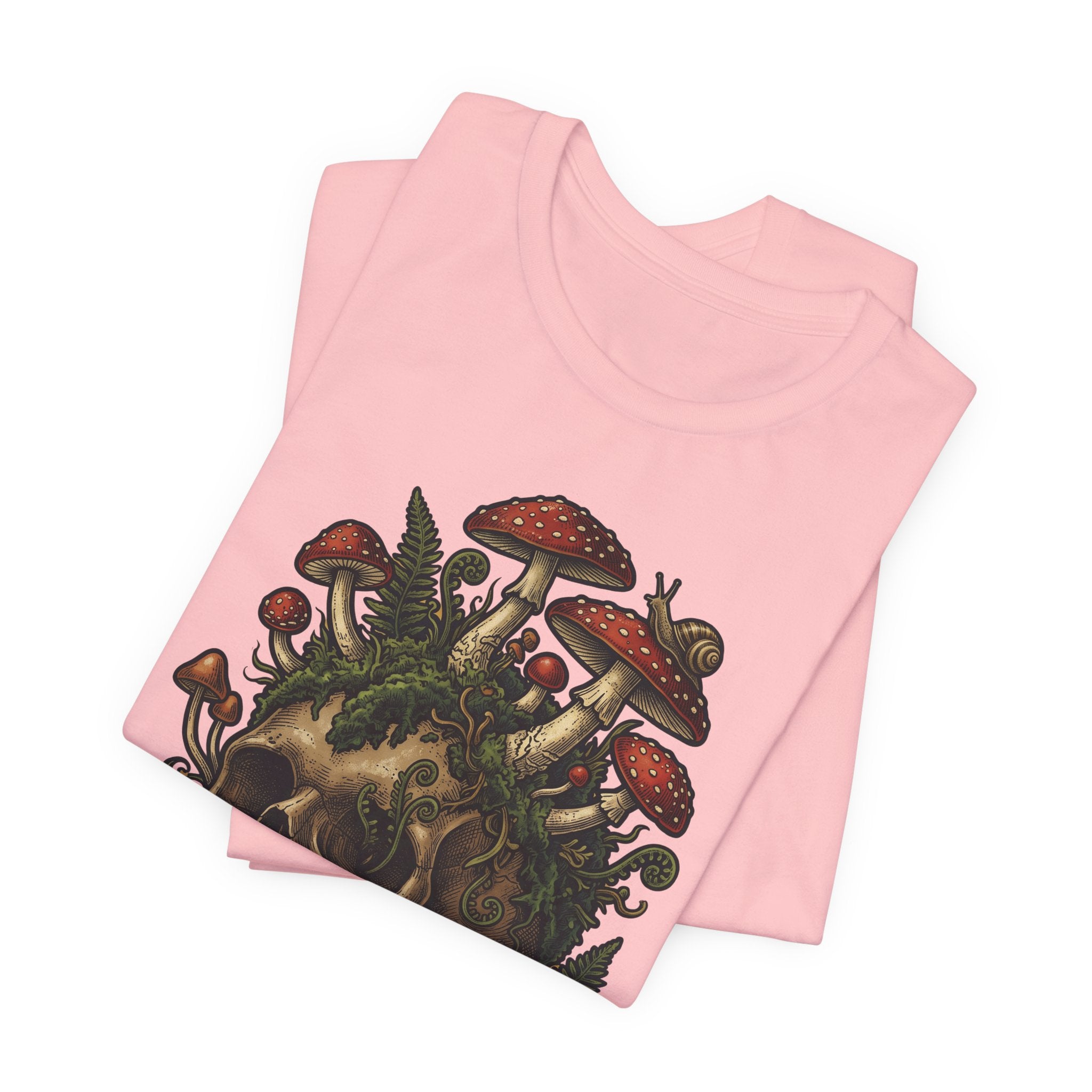 Mushroom skull T-shirt back, soft pink heather with fungi skull artwork