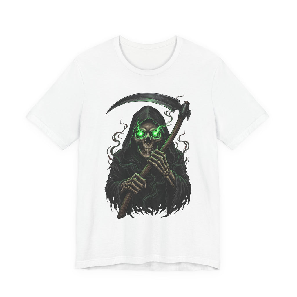 White unisex graphic T-shirt with glowing green skull holding a scythe