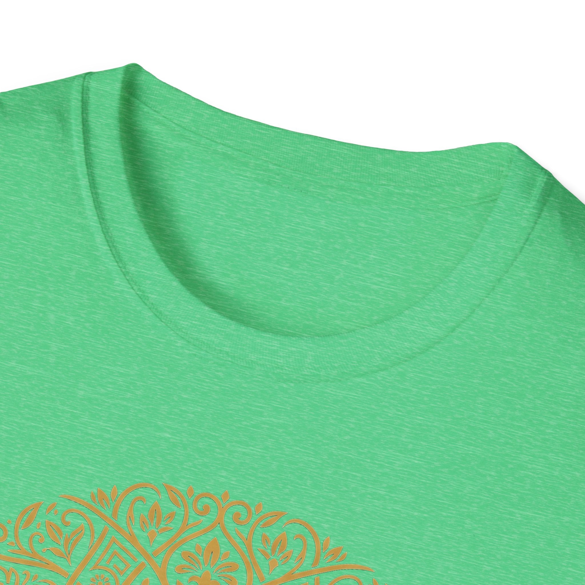 Gold Tree of Life T-shirt in bright green, crew neck close-up with graphic edge
