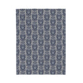 Blue repeating owl pattern plush blanket panel, centered close-up