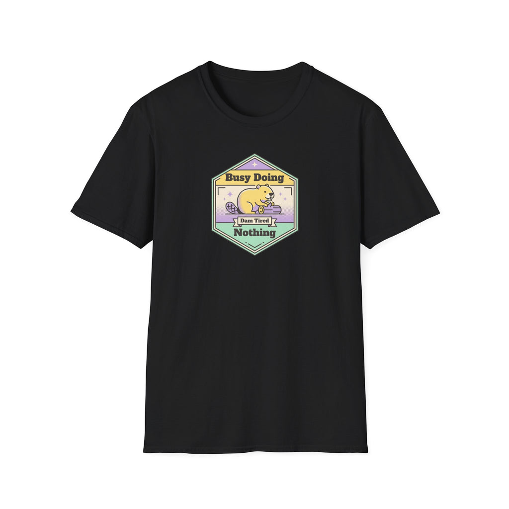 Black crewneck T-shirt with small colorful sloth graphic badge on chest