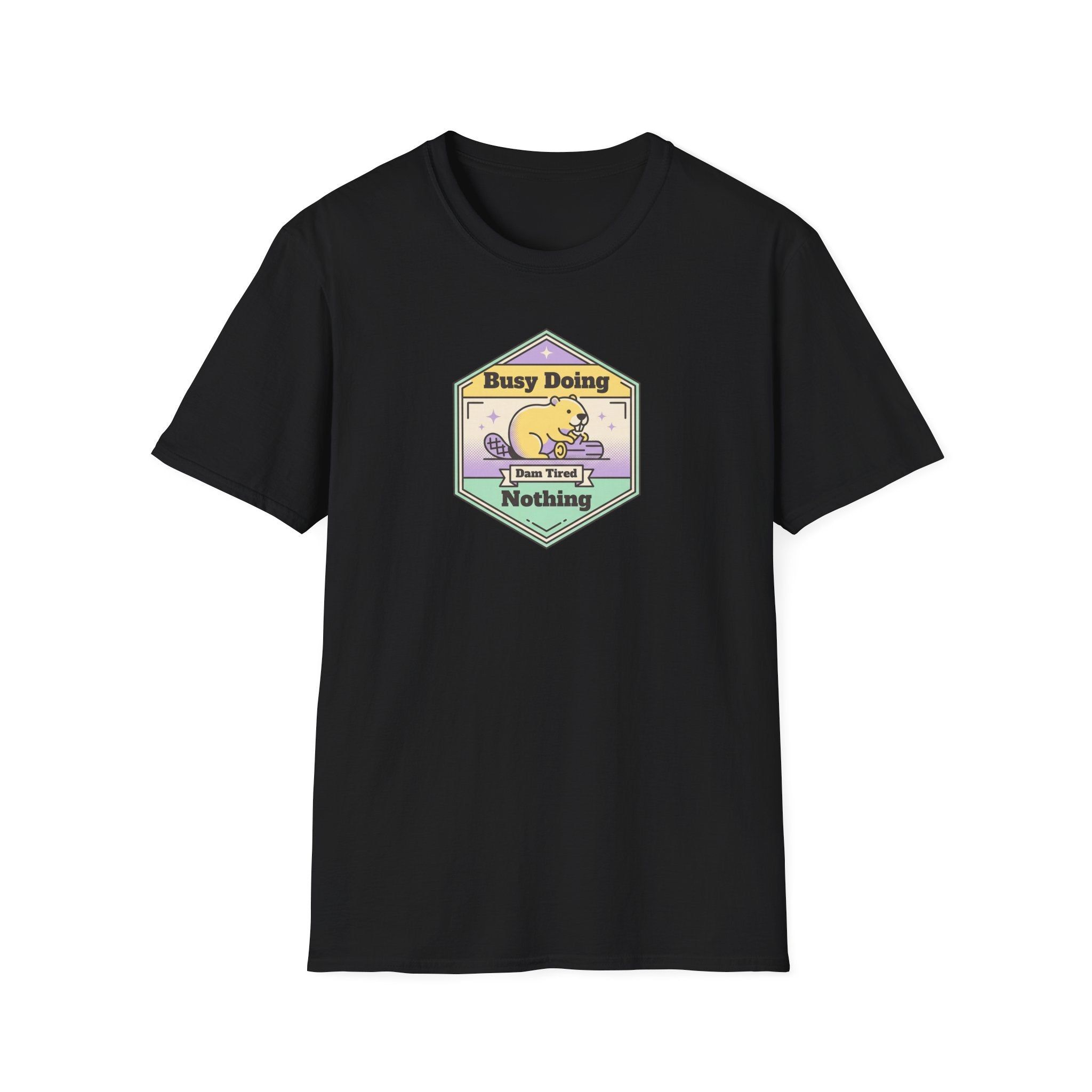 Black crewneck T-shirt with small colorful sloth graphic badge on chest