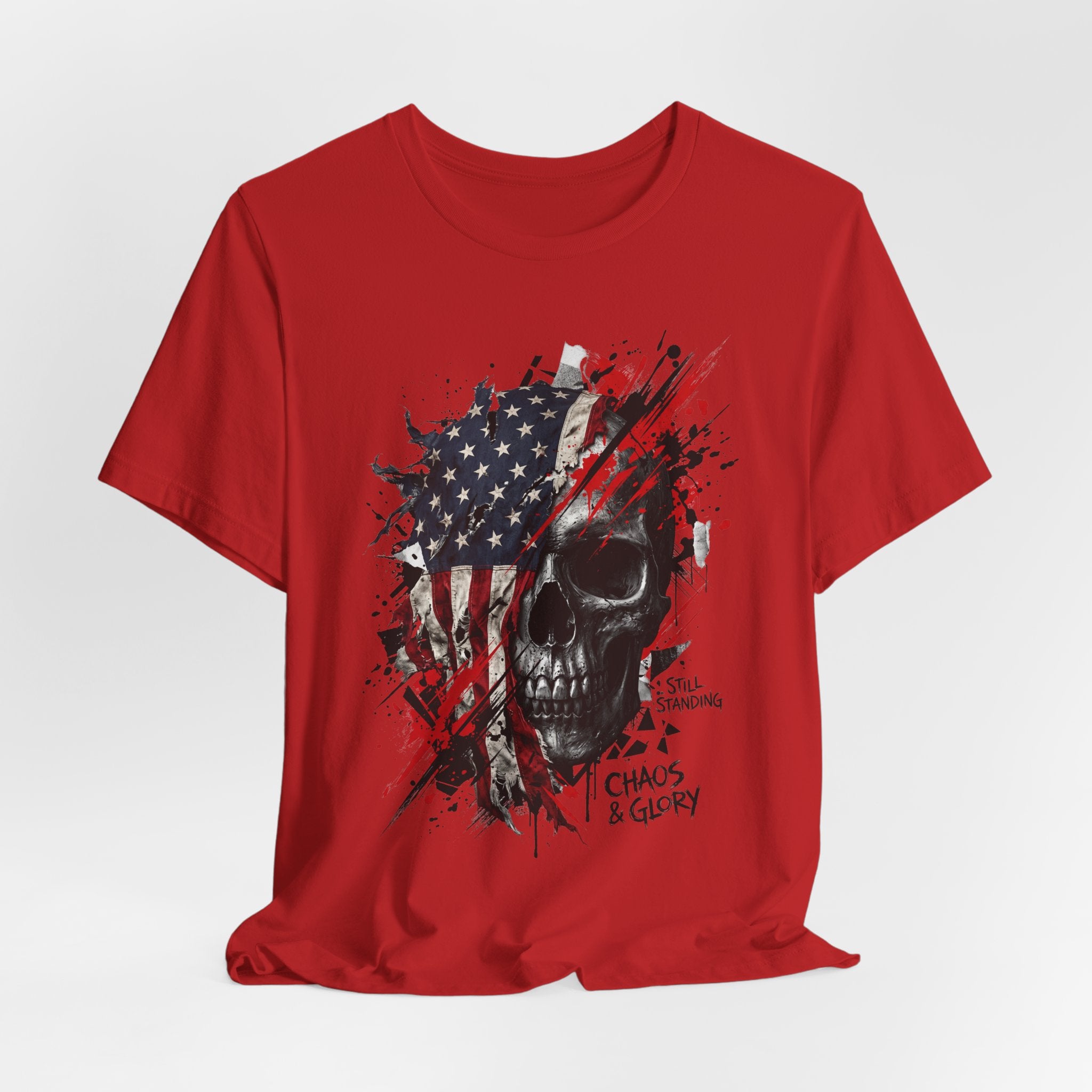 Red crewneck T-shirt with skull and American flag graphic centered on chest