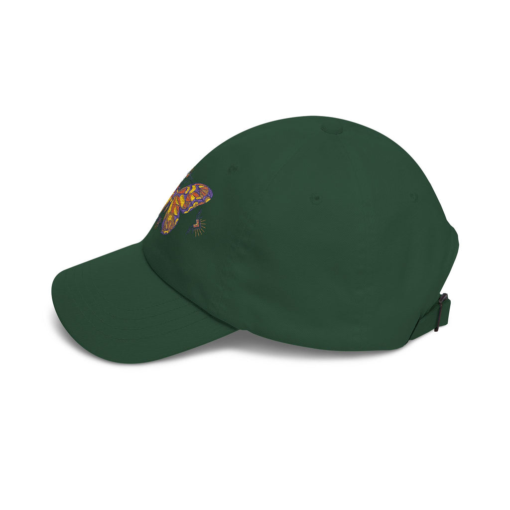 Embroidered dad cap in dark green with colorful butterfly/moth patch on front