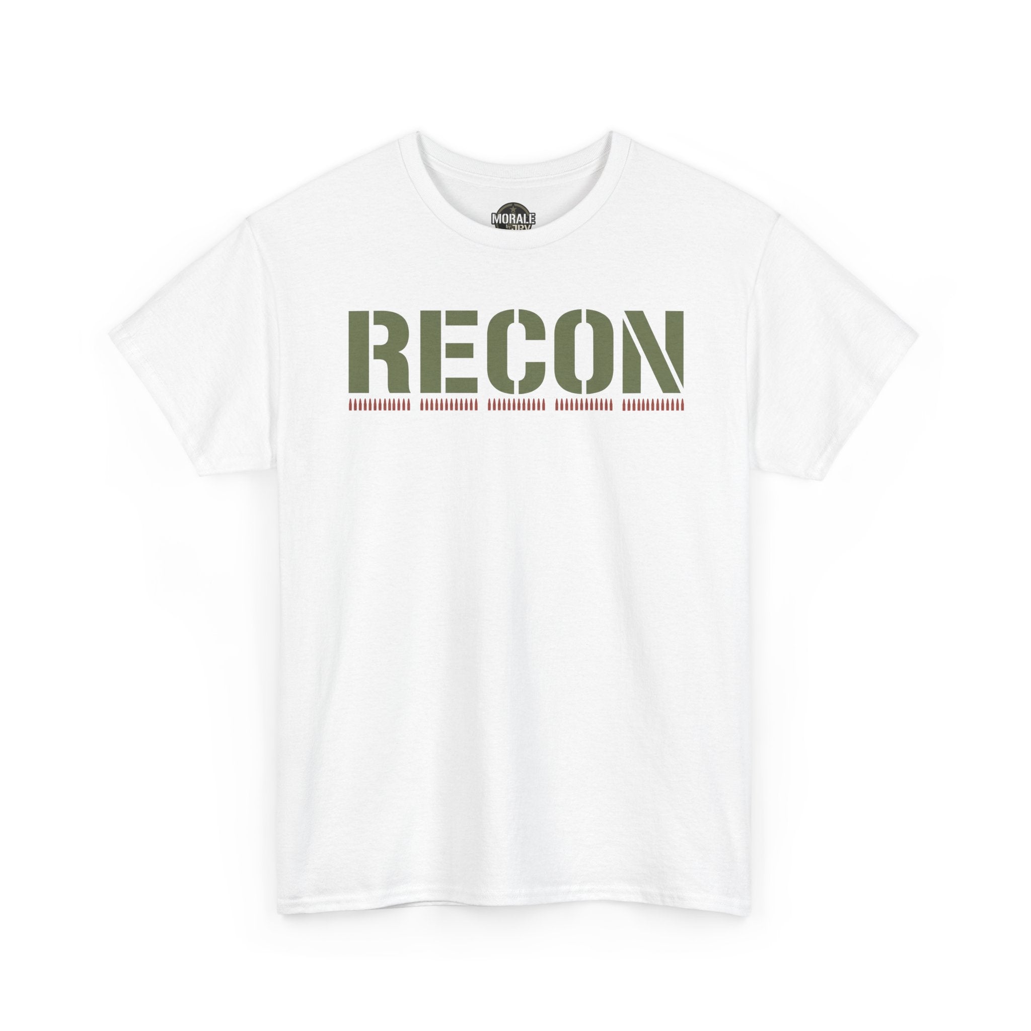 White T-shirt with RECON stencil graphic in green and red stripe lettering