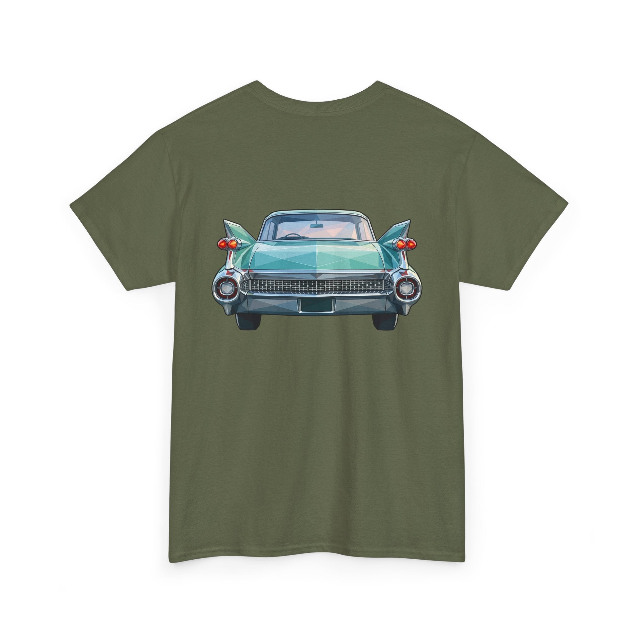 Olive green t-shirt with teal classic car front illustration, centered