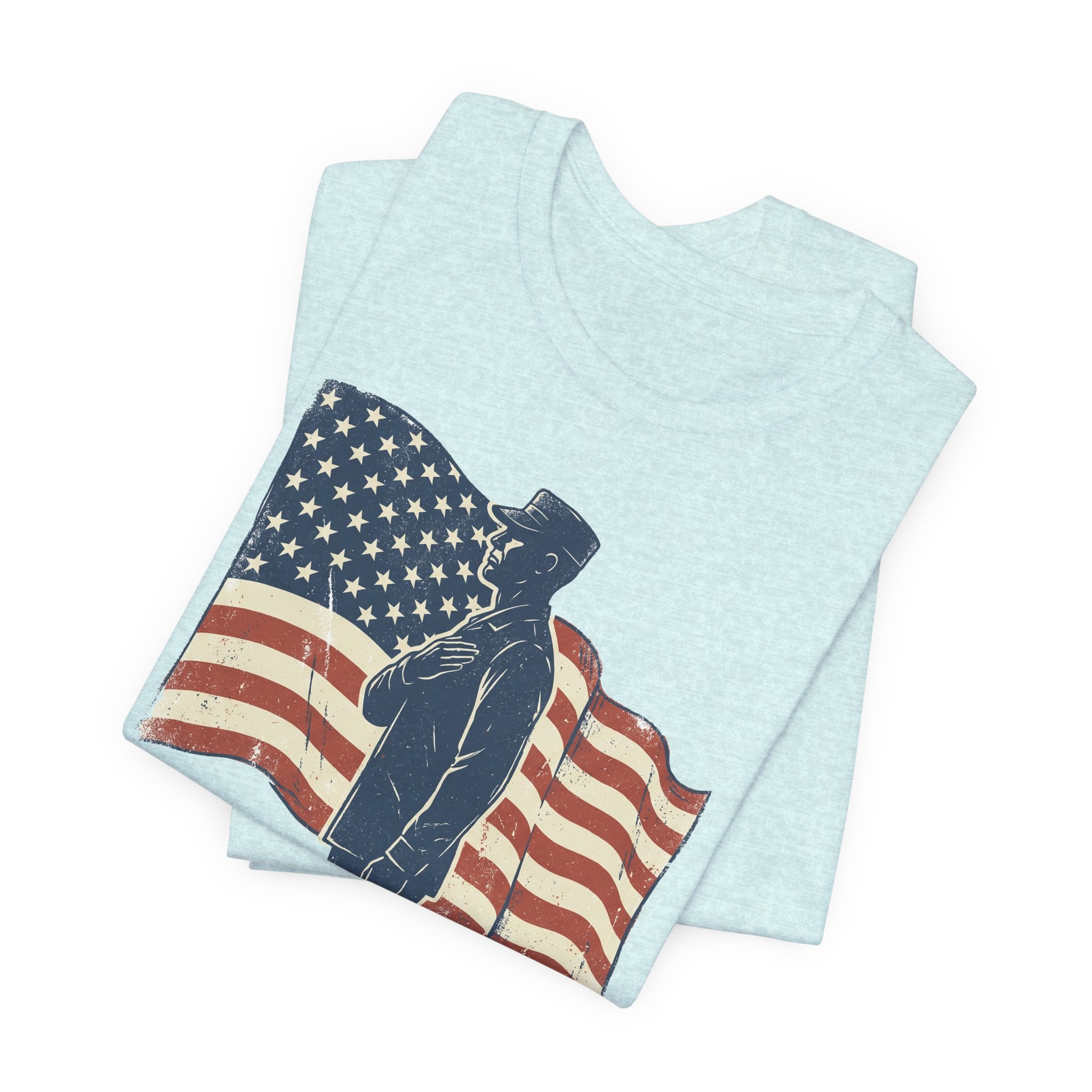 Light blue T-shirt with saluting soldier graphic and American flag design on front