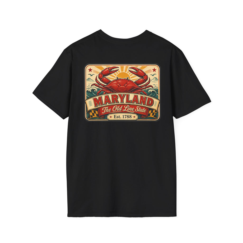 Black T-shirt with rectangular crab and Maryland graphic on the chest