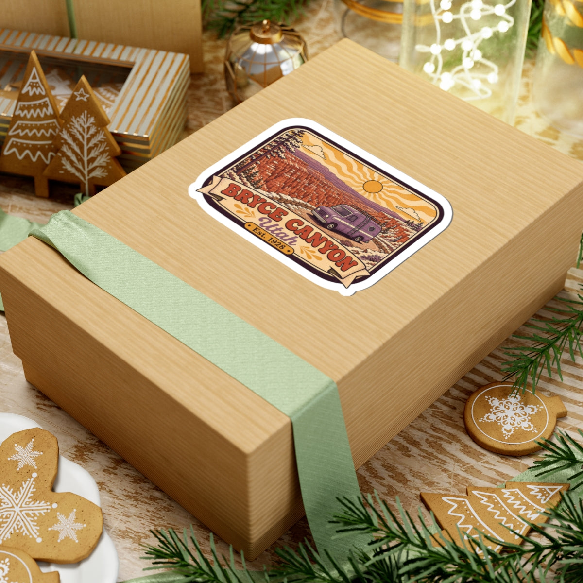 Retro camper van sticker on wrapped gift box with Bryce Canyon Utah artwork