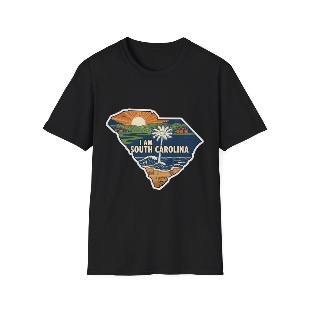 Black T-shirt featuring South Carolina map graphic with “I AM SOUTH CAROLINA”