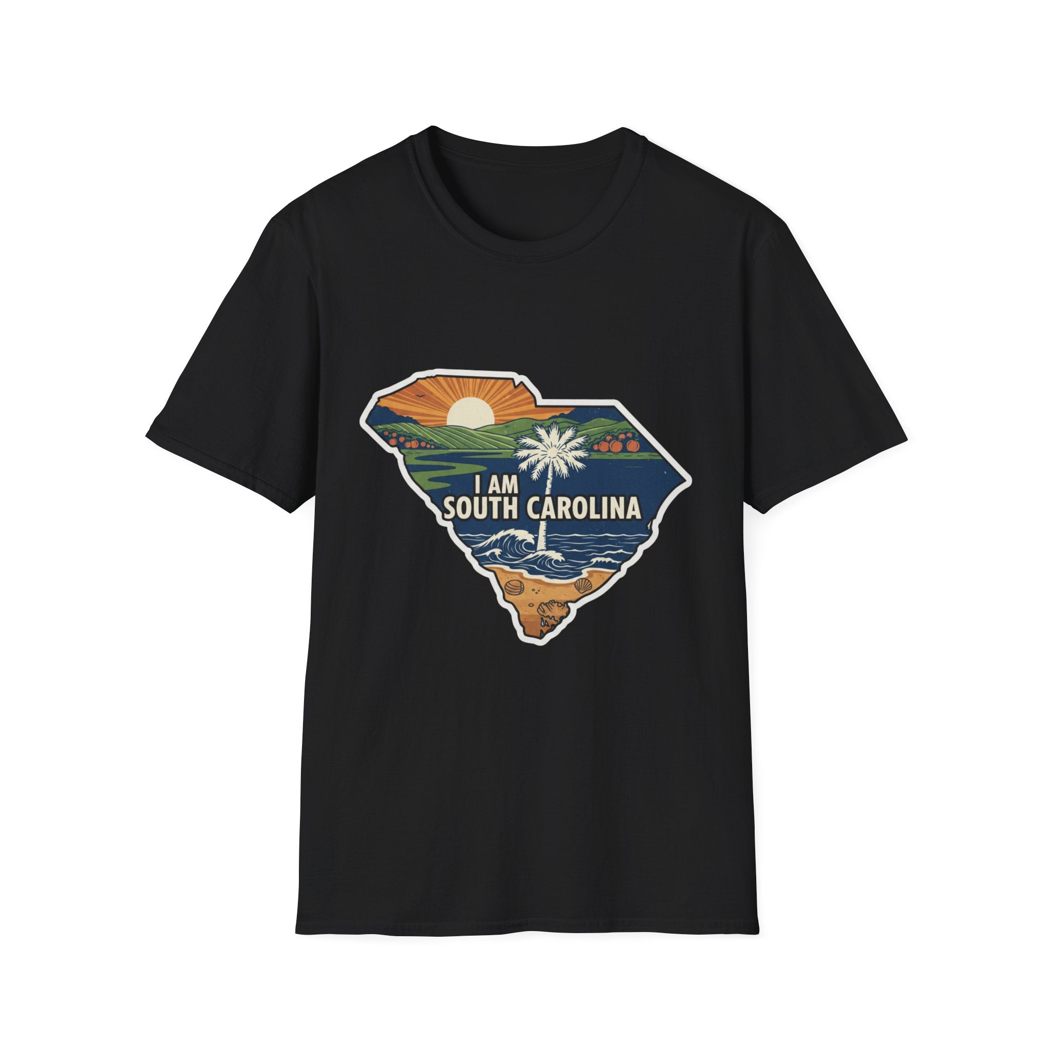 Black T-shirt featuring South Carolina map graphic with “I AM SOUTH CAROLINA”