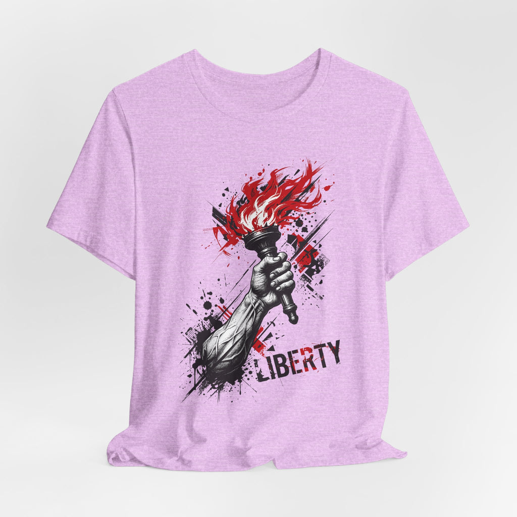 Lavender T-shirt with torch flame graphic and 'Liberty' text