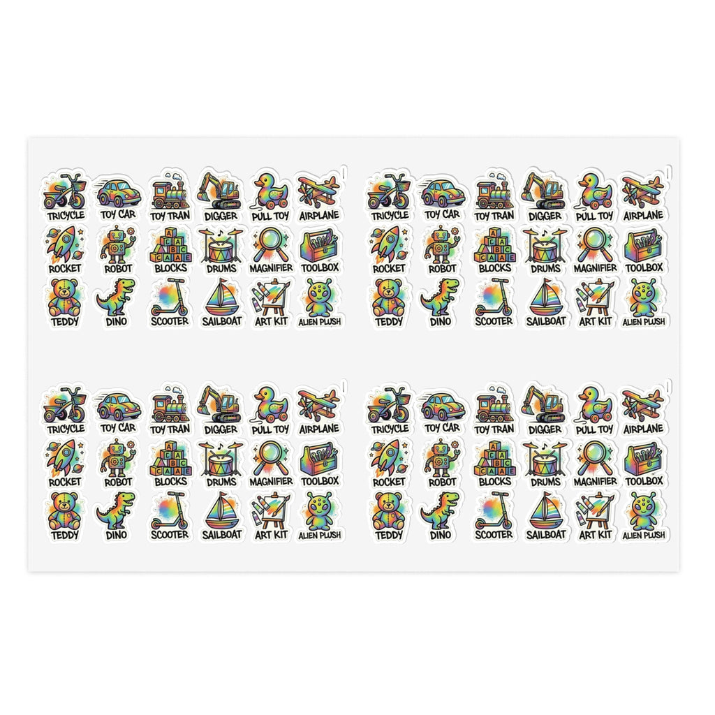 Die-cut sticker sheet with tiny multicolor toy icons, arranged in a grid on white backing