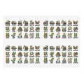 Die-cut sticker sheet with tiny multicolor toy icons, arranged in a grid on white backing