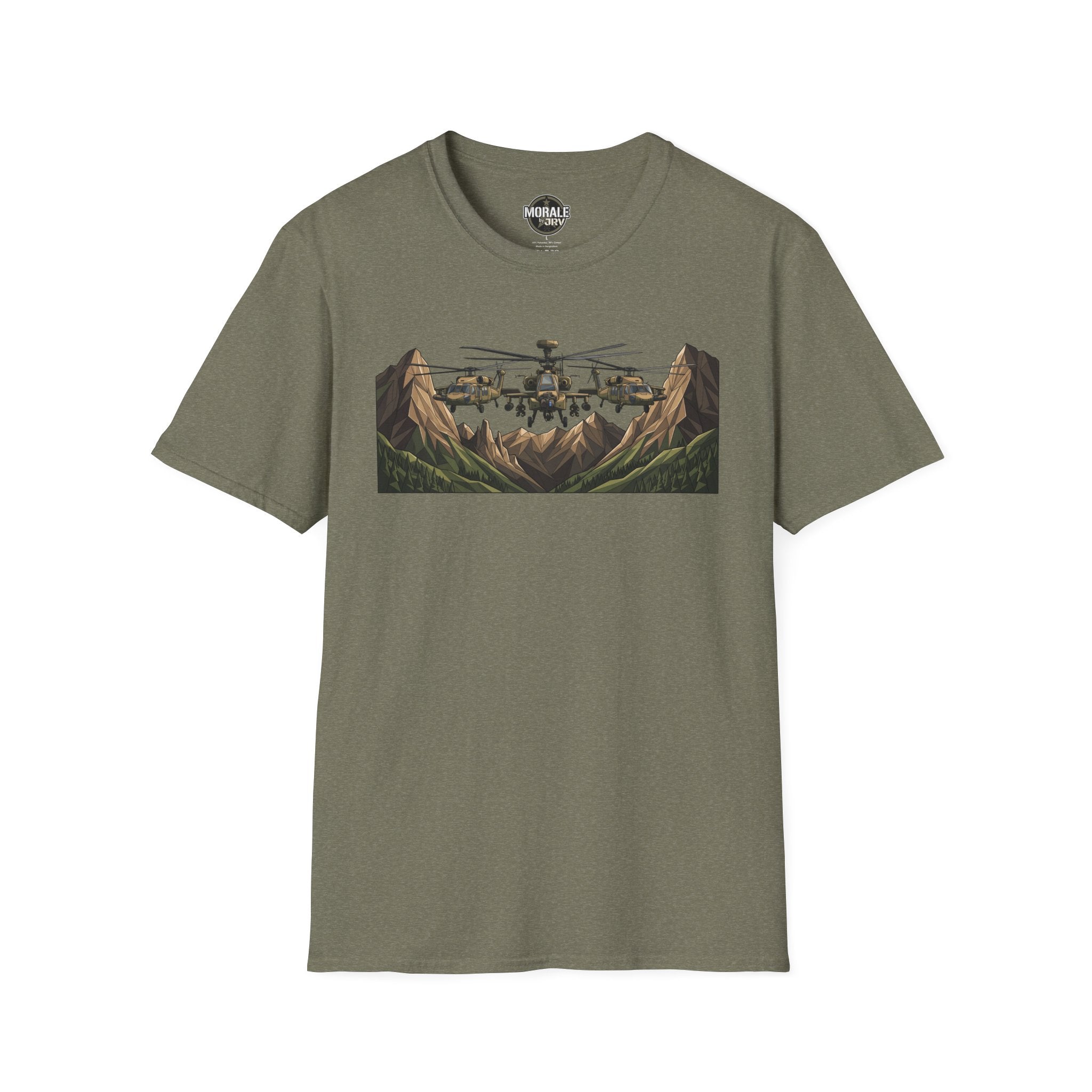 Military helicopter landscape graphic T-shirt, dark olive green, front print