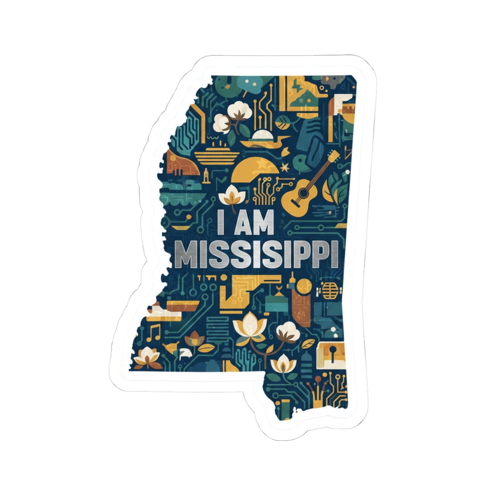 Mississippi sticker with “I AM MISSISSIPPI” text, circuit and floral pattern, white border