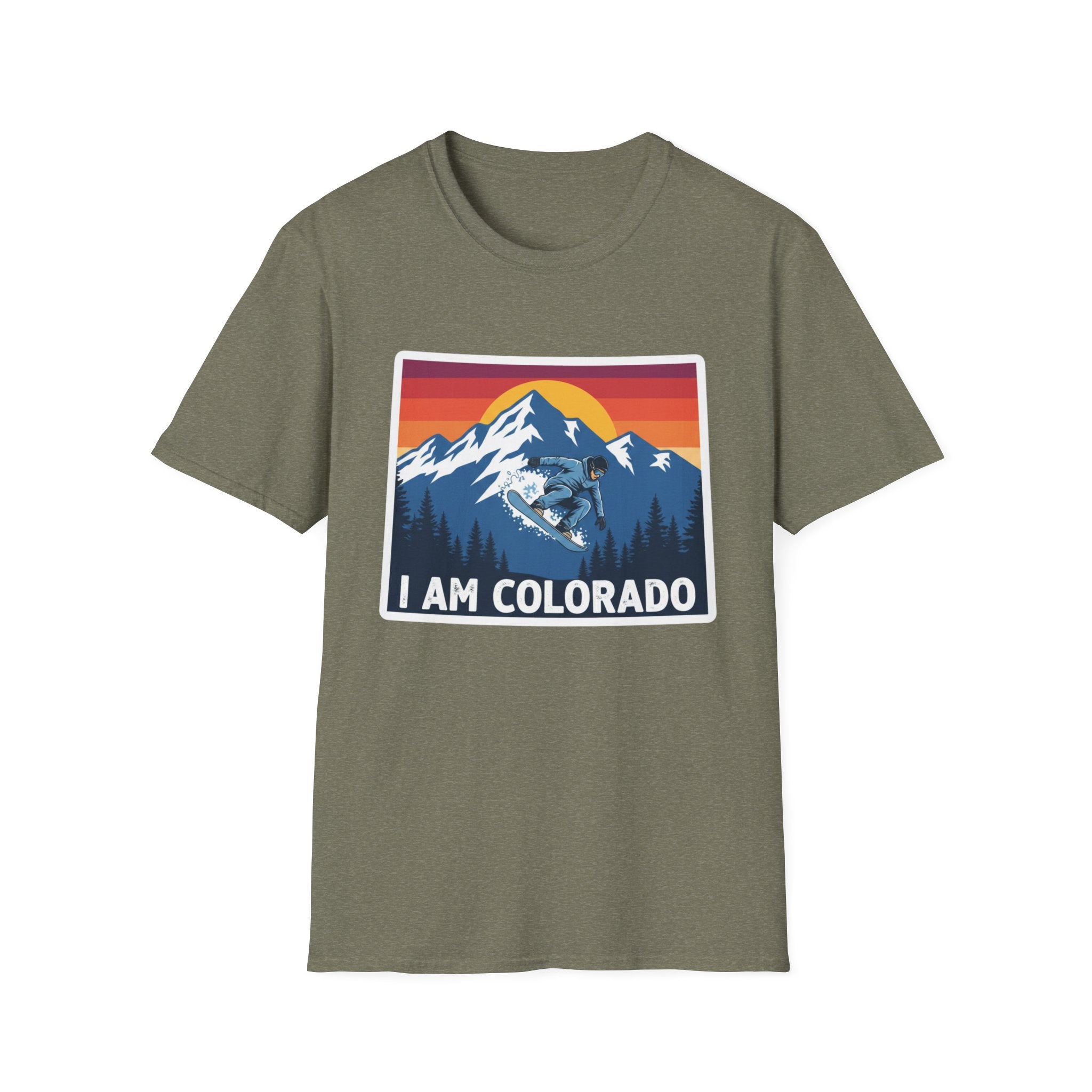 Olive green T-shirt with “I AM COLORADO” mountain sunset graphic featuring a wolf and bear