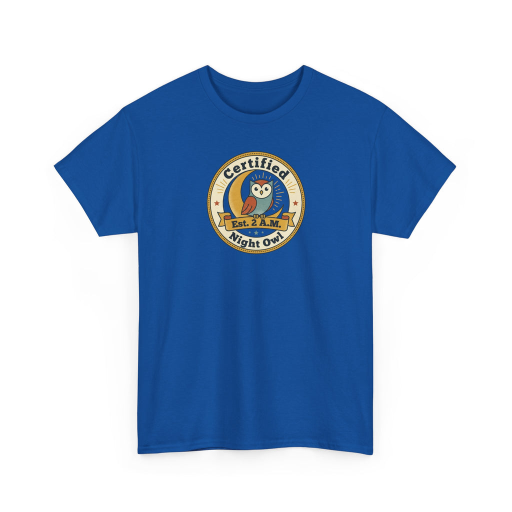 Royal blue T-shirt with 'Certified Night Owl' owl badge graphic on front.