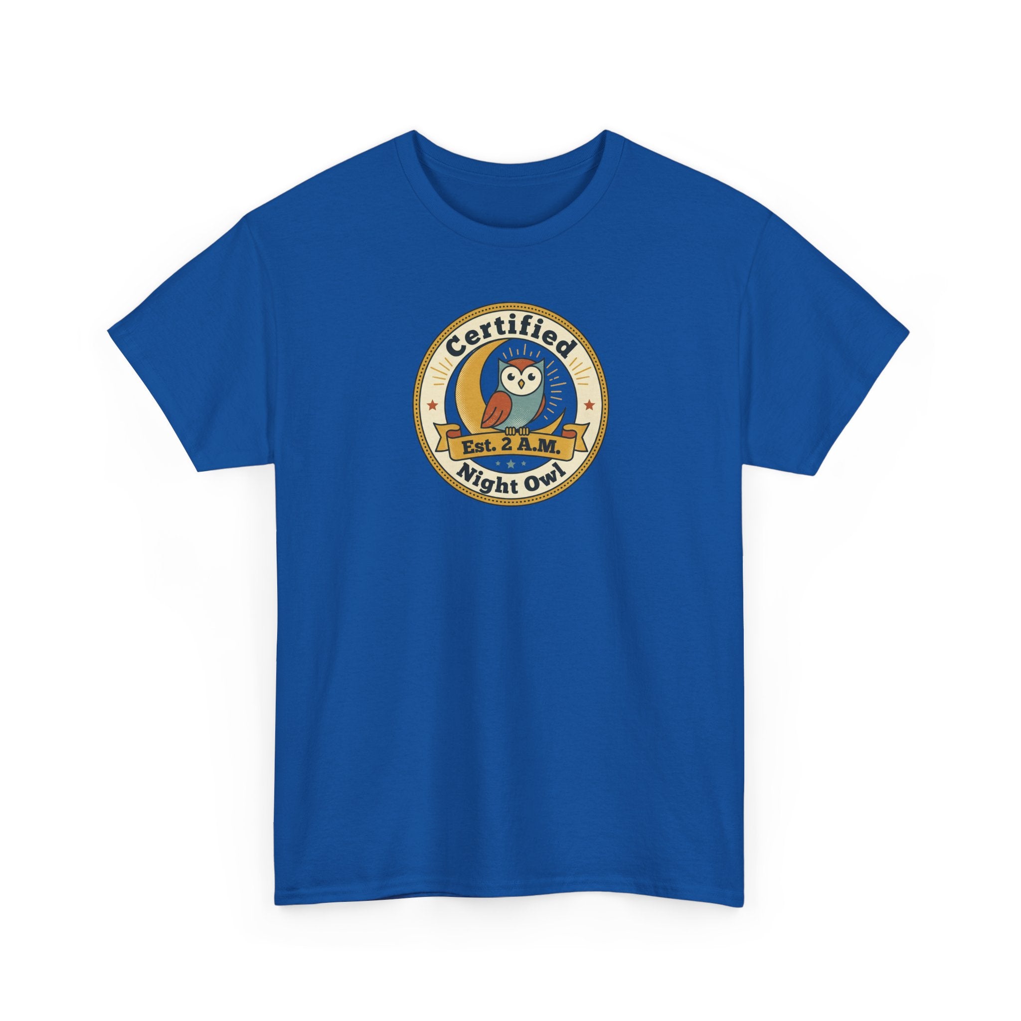 Royal blue T-shirt with 'Certified Night Owl' owl badge graphic on front.