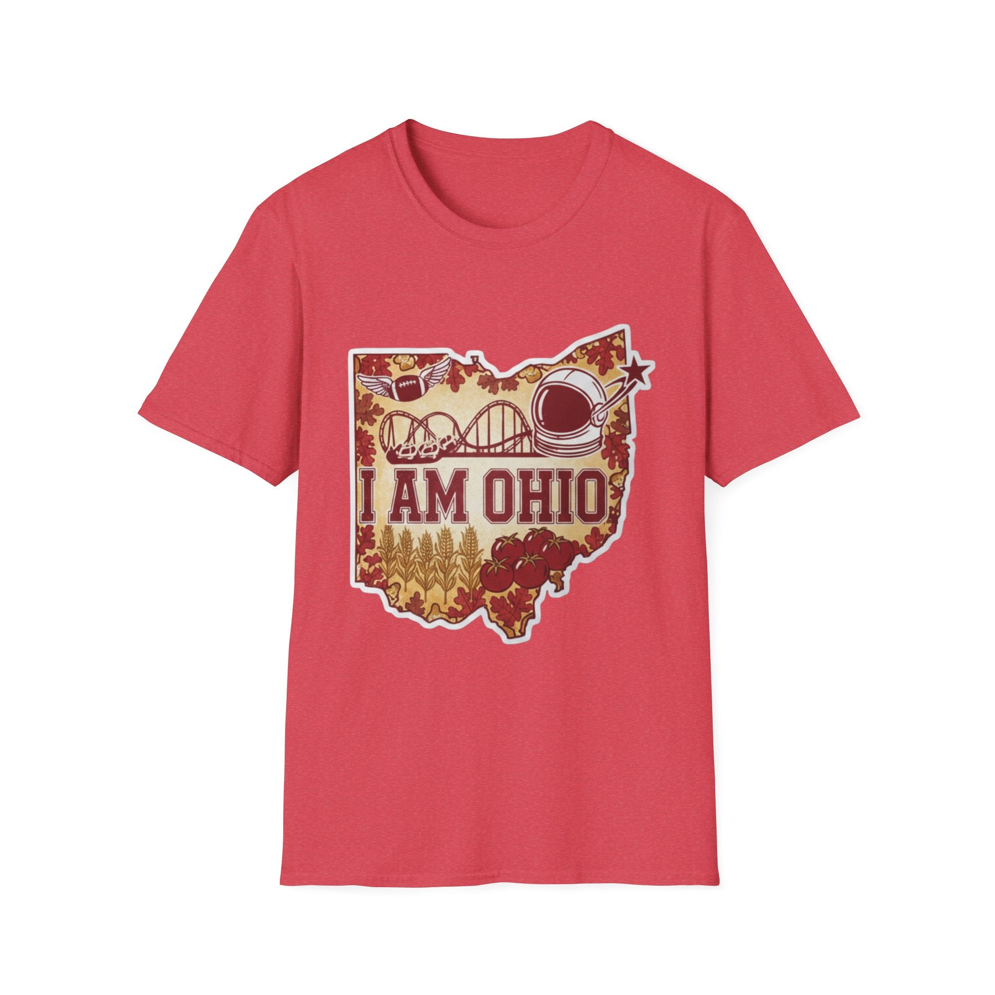 I Am Ohio T-Shirt, rotes Shirt mit „I AM OHIO“ Karten-Outline und roten/weißen Motiven